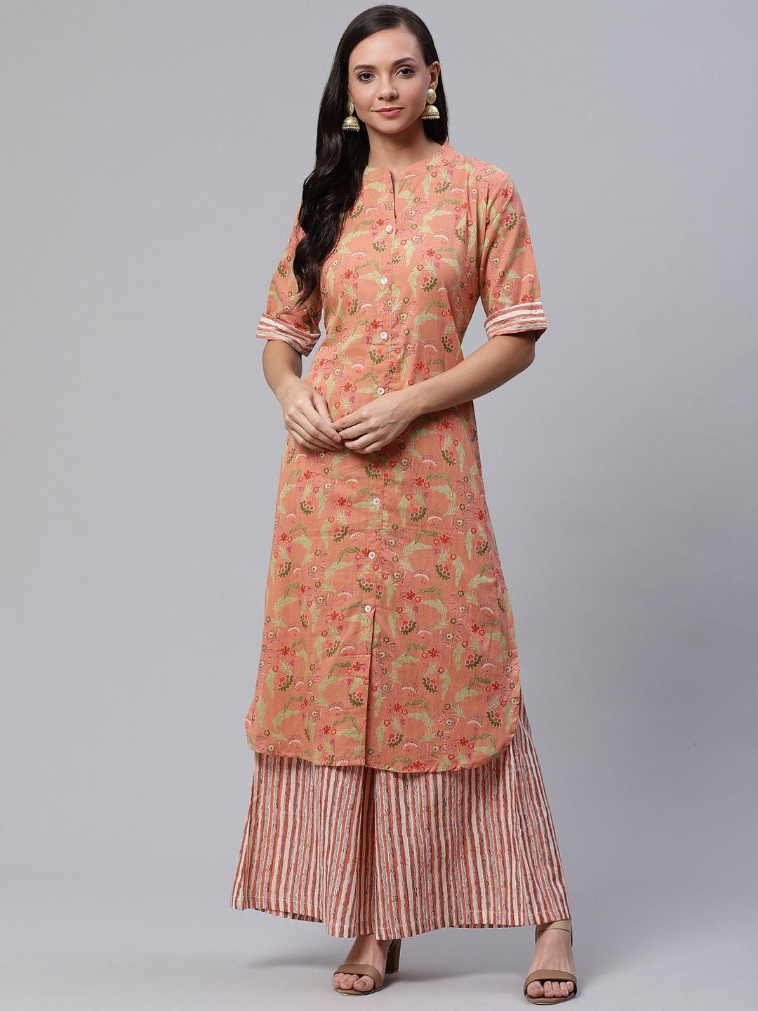 sringam women peach & olive floral printed pure cotton kurti with palazzos