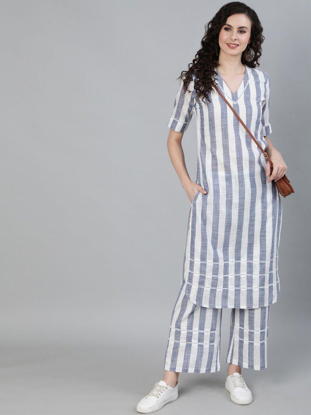 jaipur kurti women white & blue striped kurta with palazzos