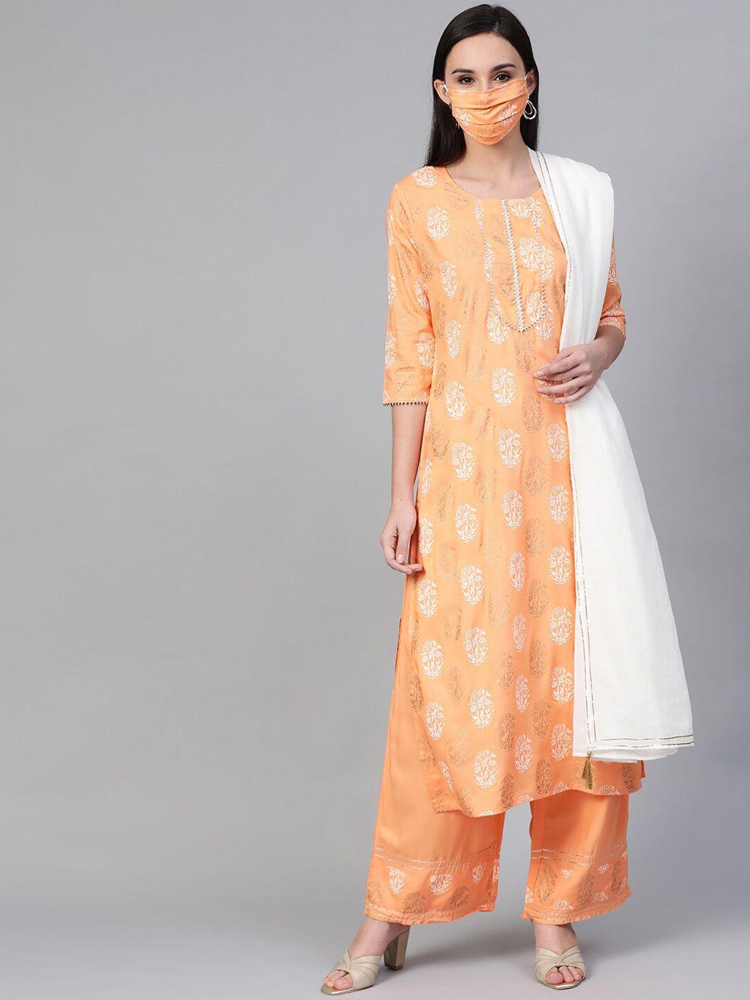 sringam women orange ethnic motifs printed pure cotton kurta set with dupatta & mask