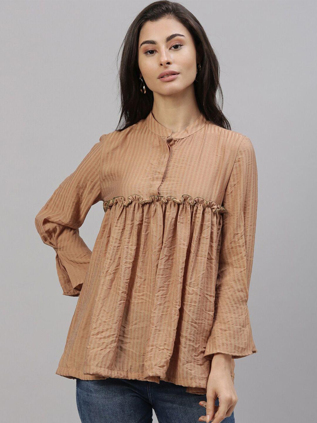 rareism brown & cream-coloured striped mandarin collar bell sleeve empire top