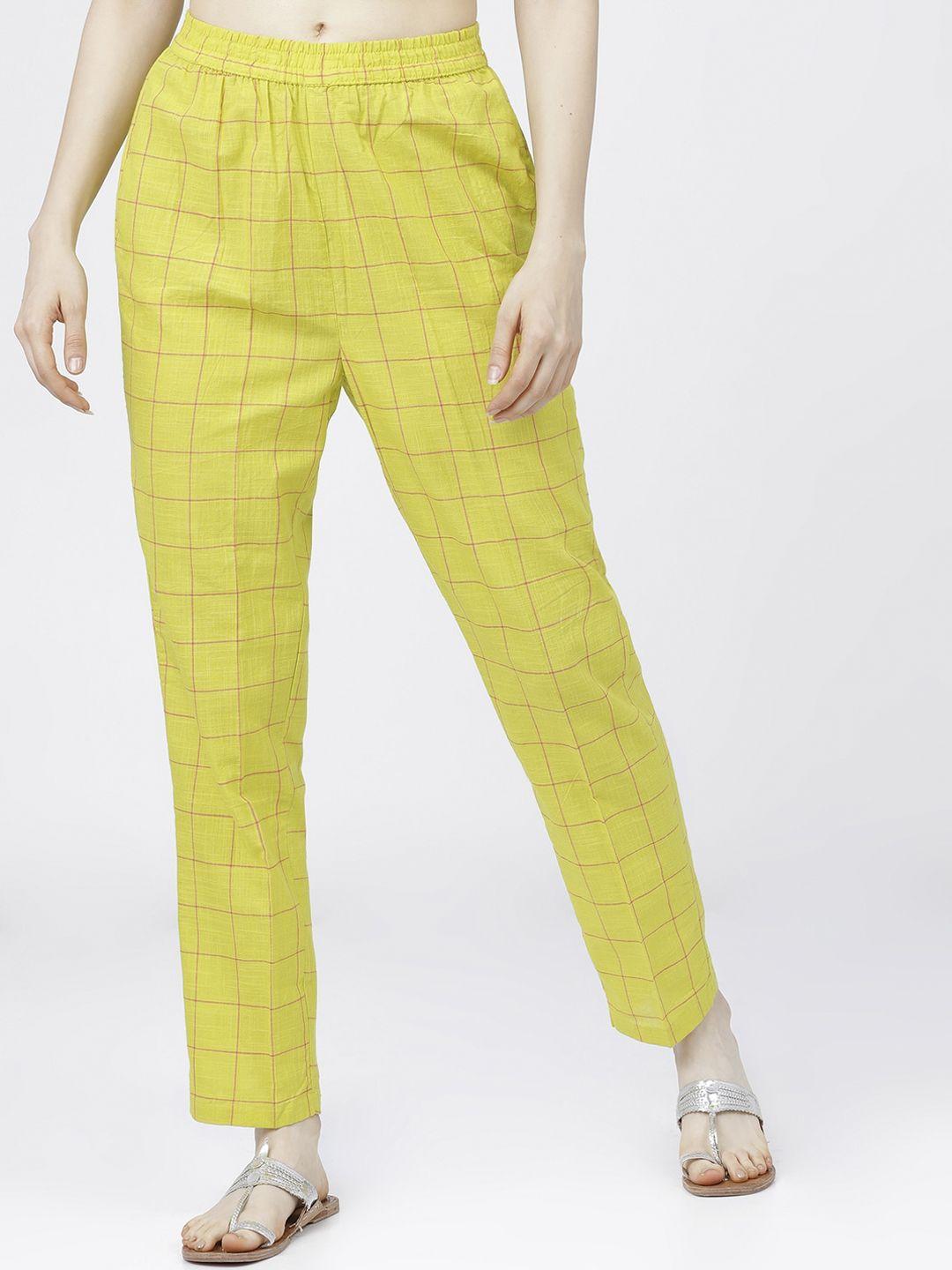 vishudh women lime green checked slim fit trousers