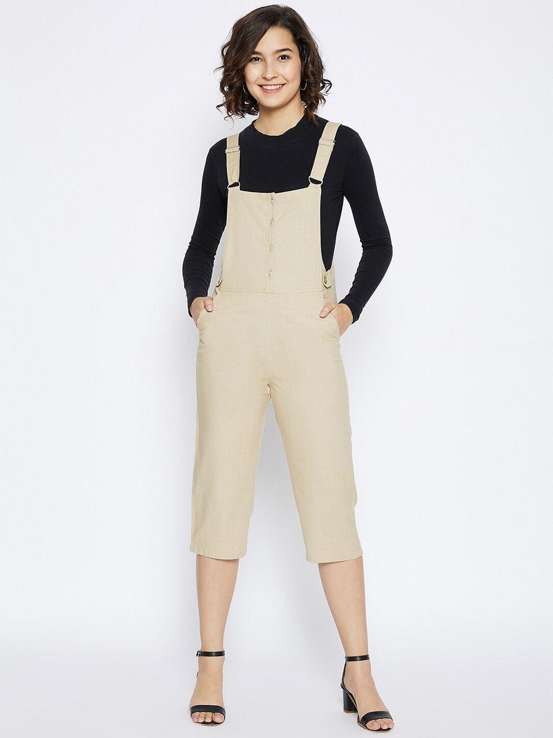 crimsoune club women beige solid comfort fit dungarees