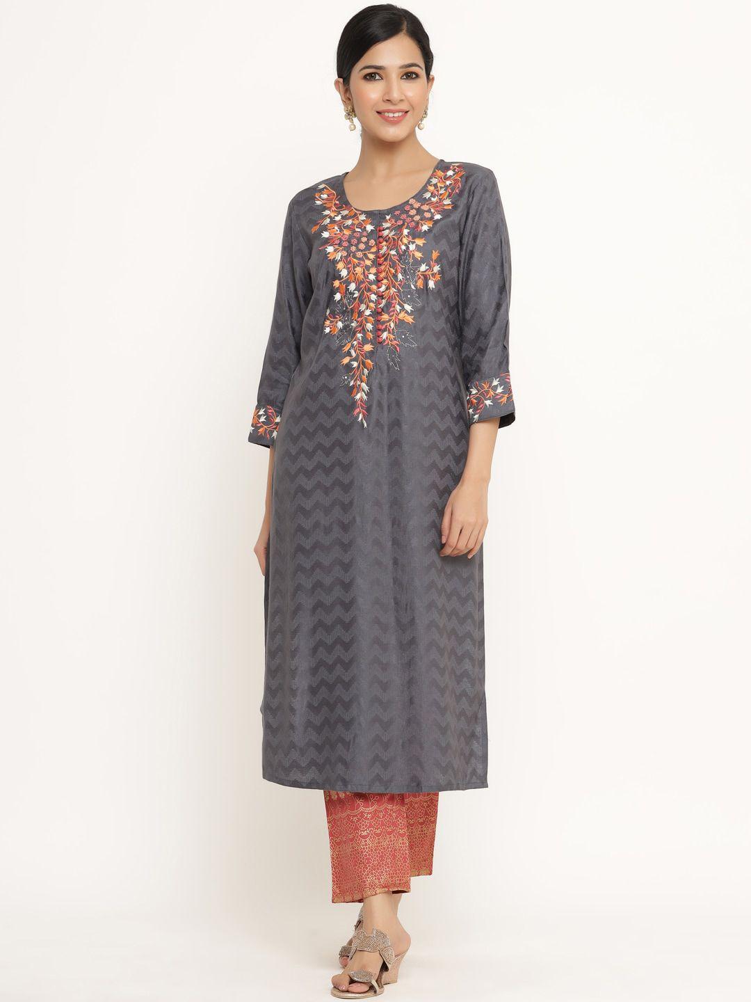 divyank women grey & coral ethnic motifs yoke design regular kurta with trousers