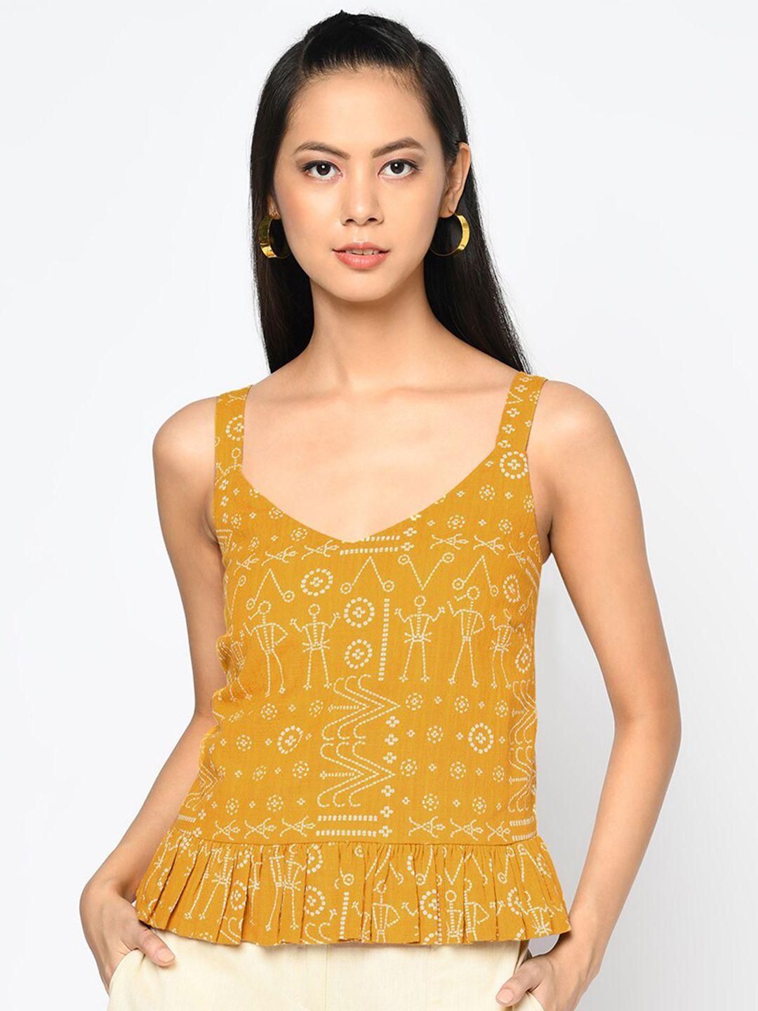 fabindia yellow geometric printed dobby cotton a-line top