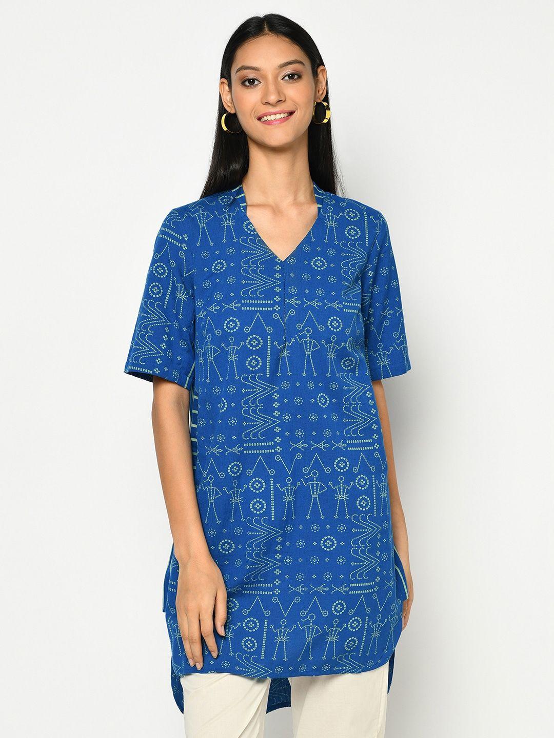 fabindia women blue mandarin collar high-low longline top