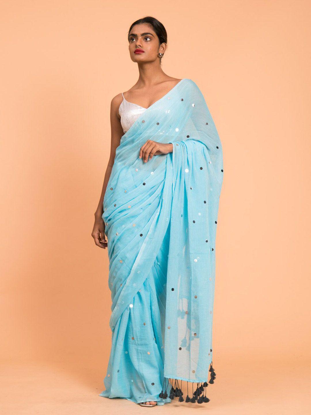 suta turquoise blue embellished sequinned pure cotton saree