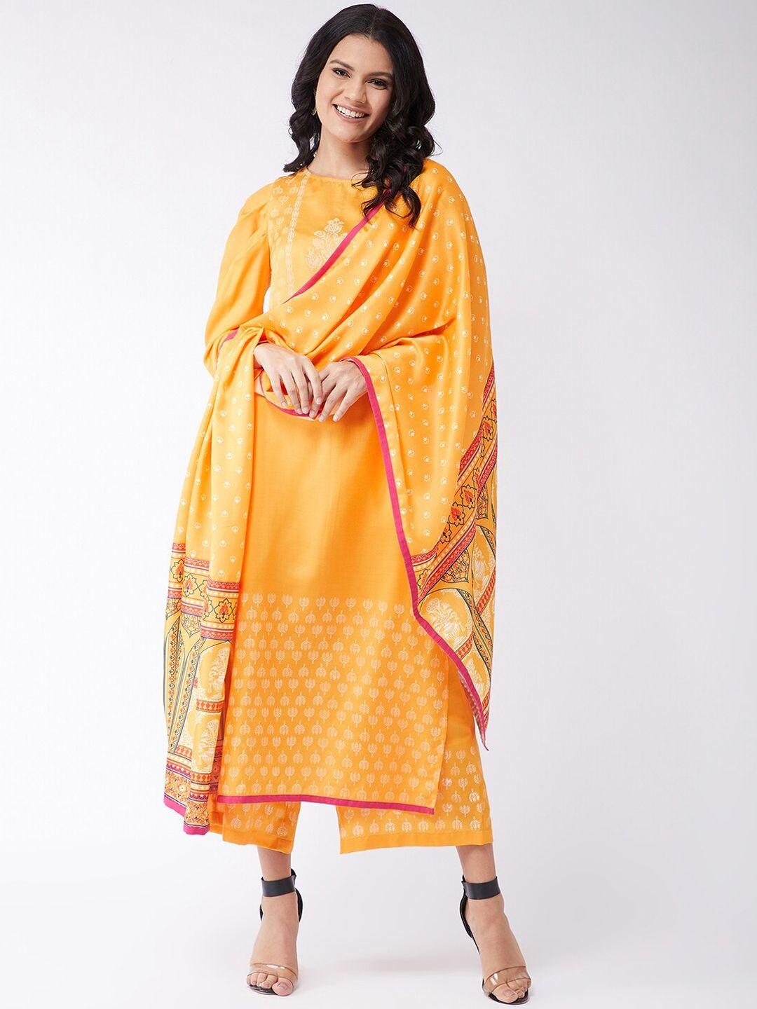 pannkh women yellow ethnic motifs printed kurta with palazzos & with dupatta