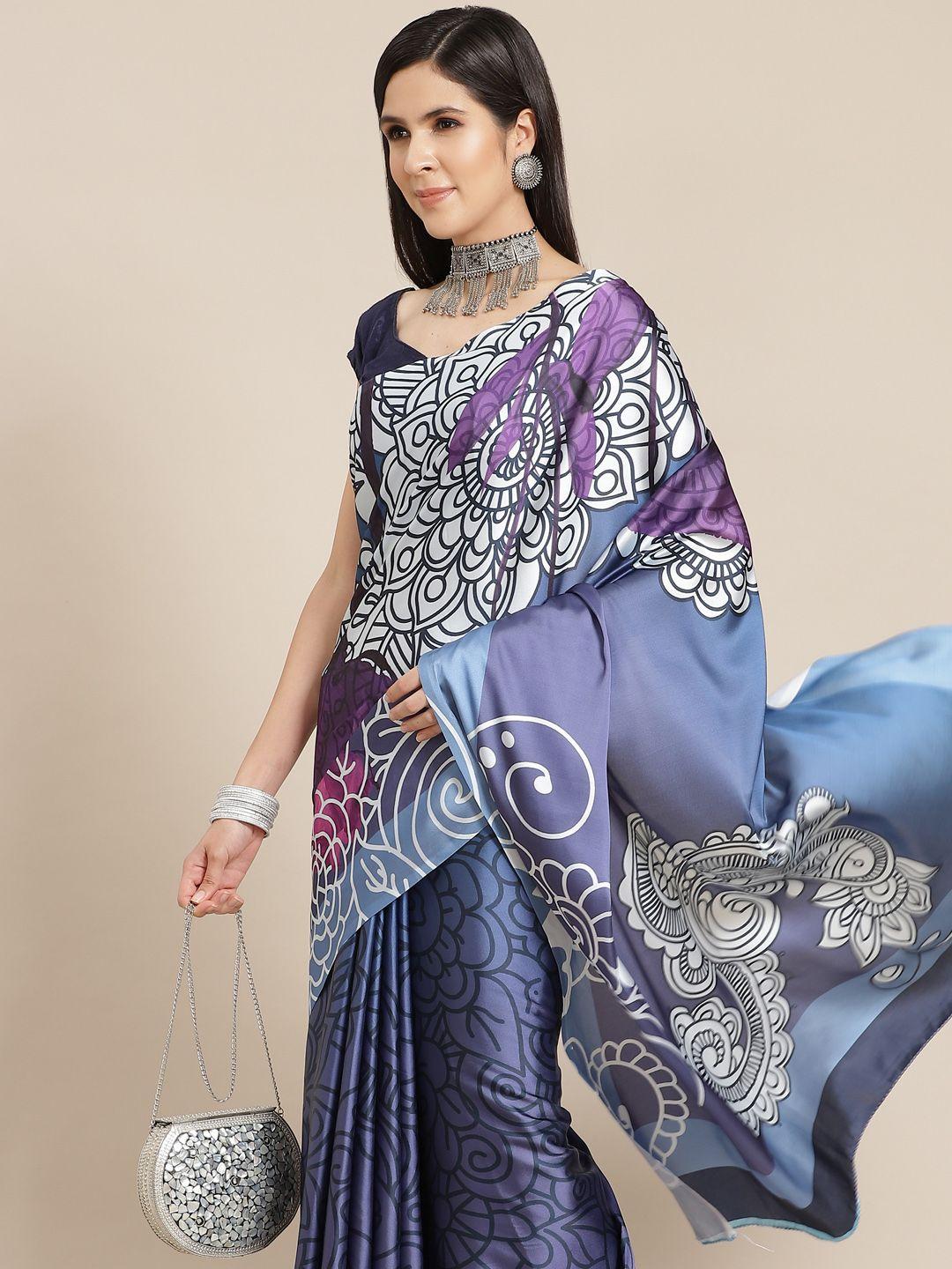 anouk blue & purple ethnic motifs print satin saree