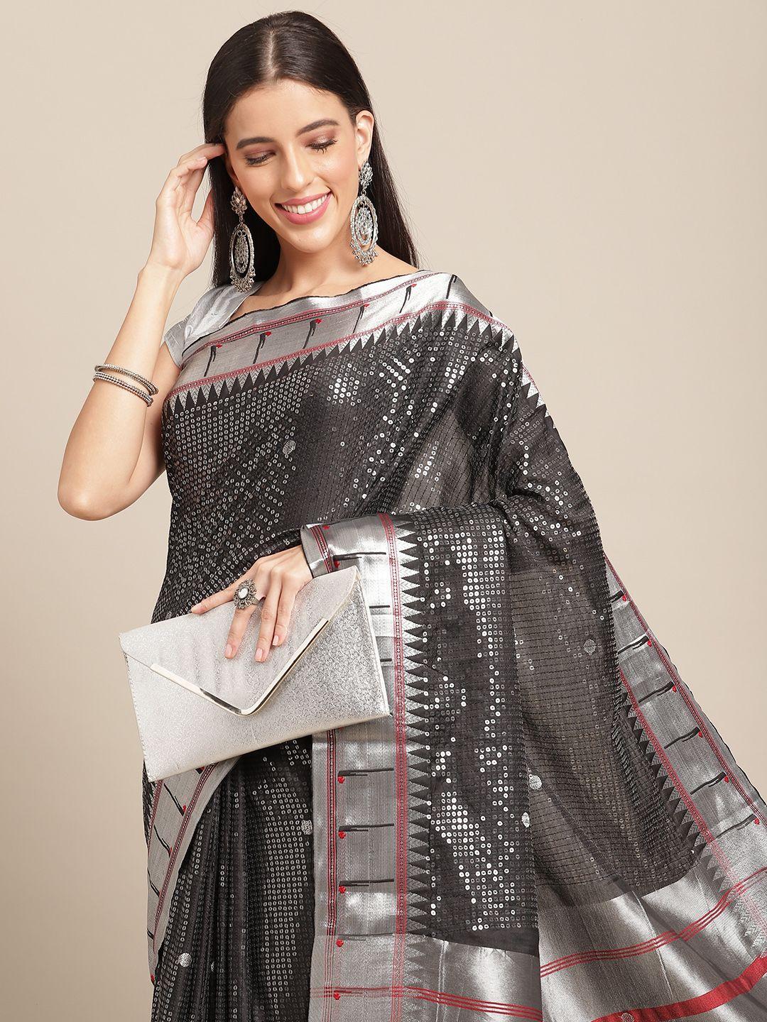 anouk black & silver sequinned banarasi saree