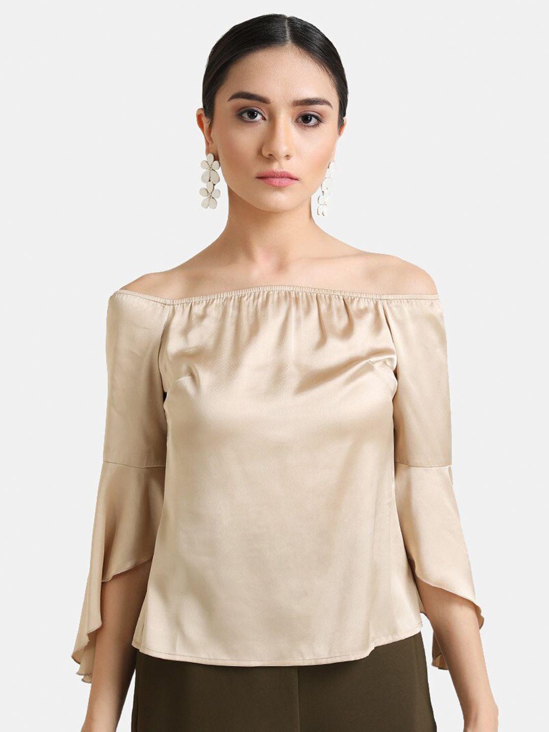 kazo women beige off-shoulder bell sleeve satin bardot top