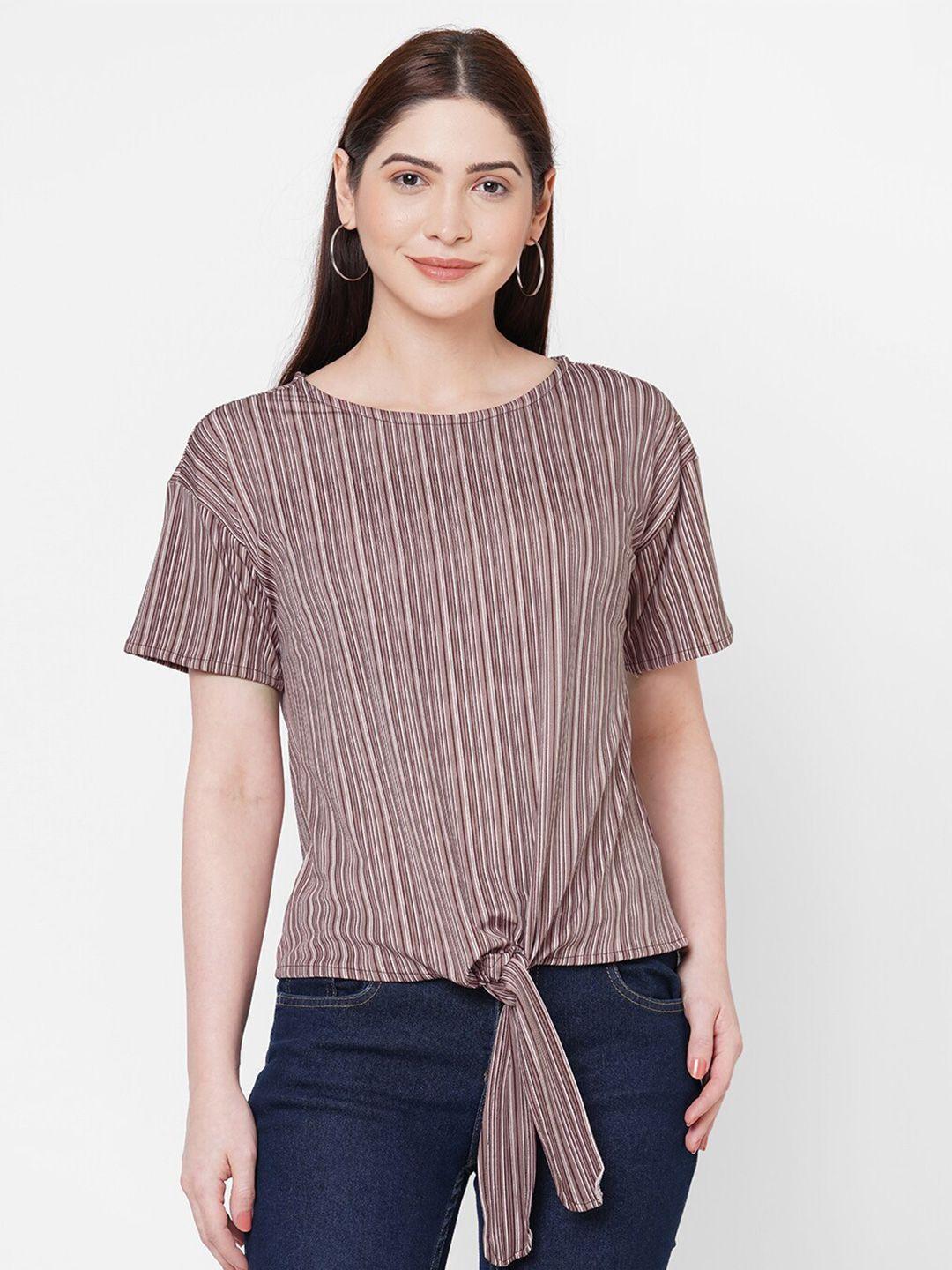 109f women women beige striped regular top with tie-up