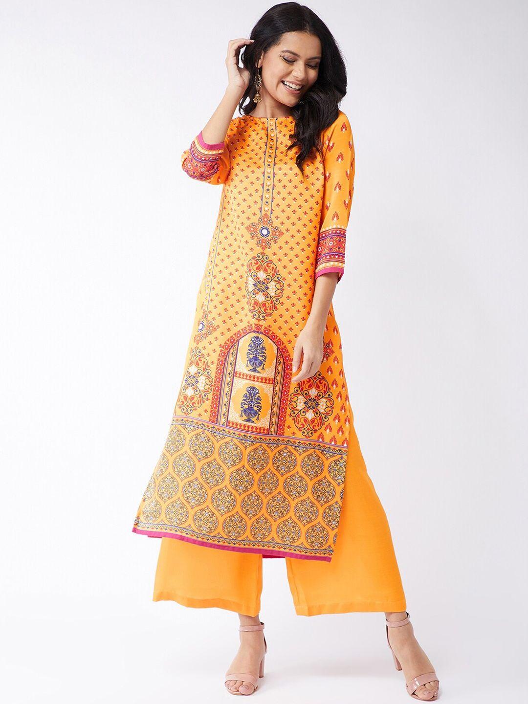 pannkh women yellow geometric printed indie prints kurta