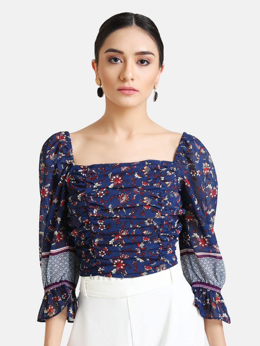 kazo blue & blue floral off-shoulder regular top