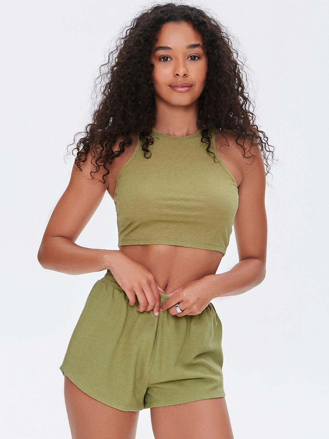 forever 21 women olive green solid racerback crop top & shorts set