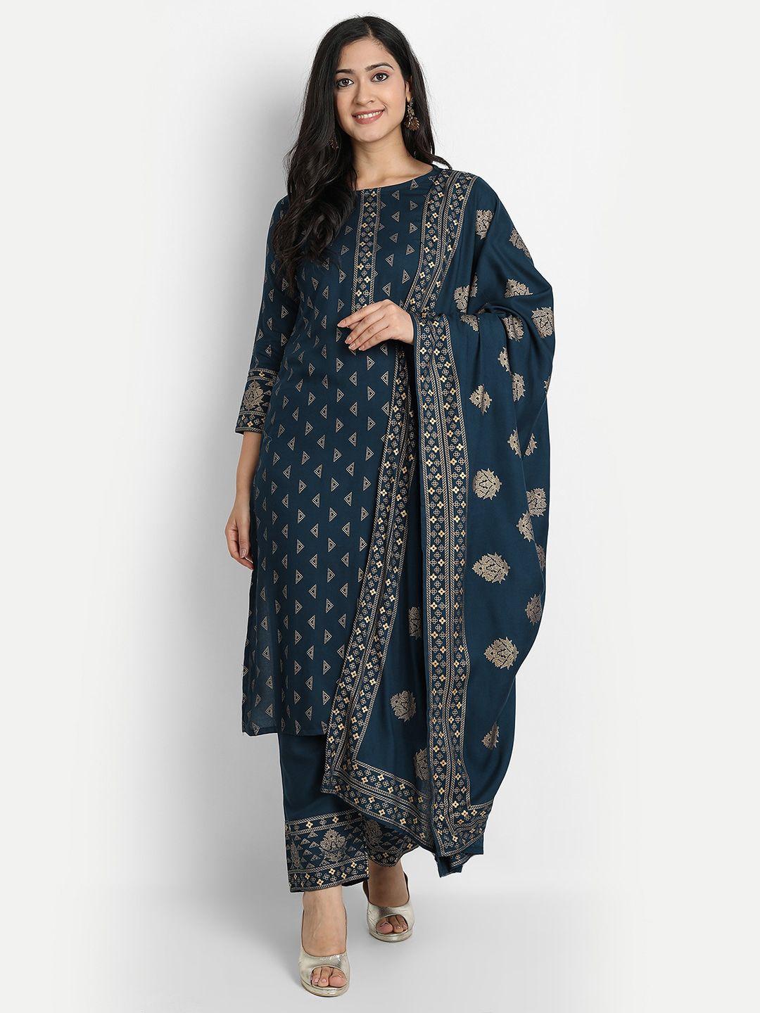 jaipuri bunaai women teal printed kurta with trousers & with dupatta