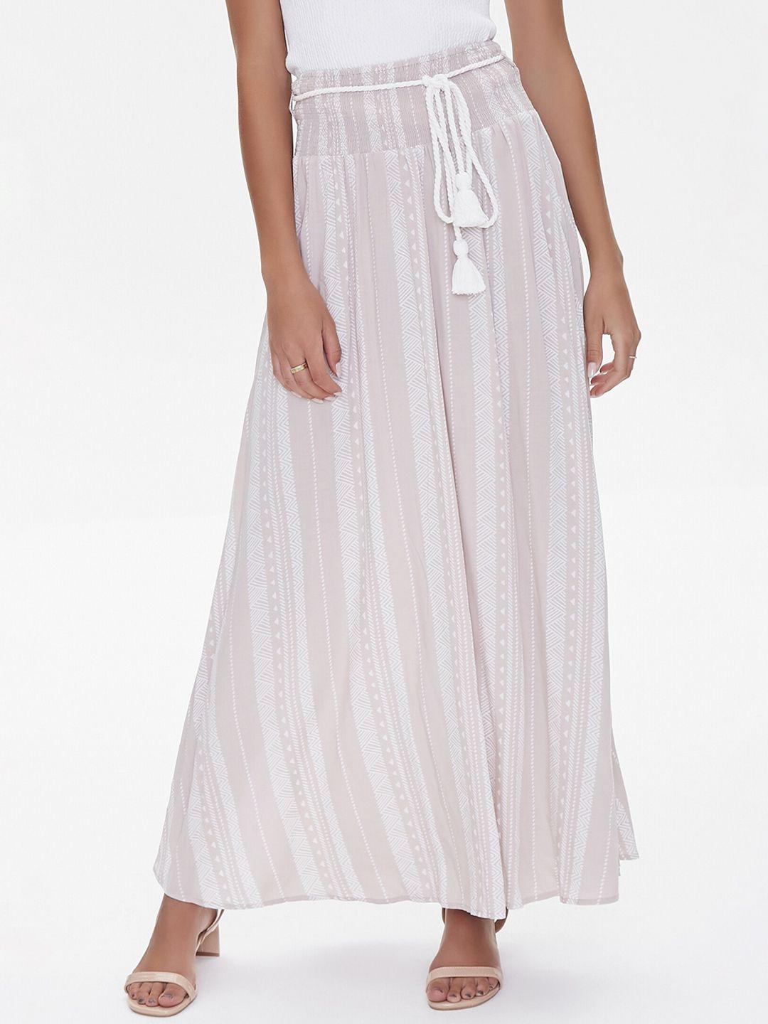 forever 21 women beige & white printed straight maxi skirt