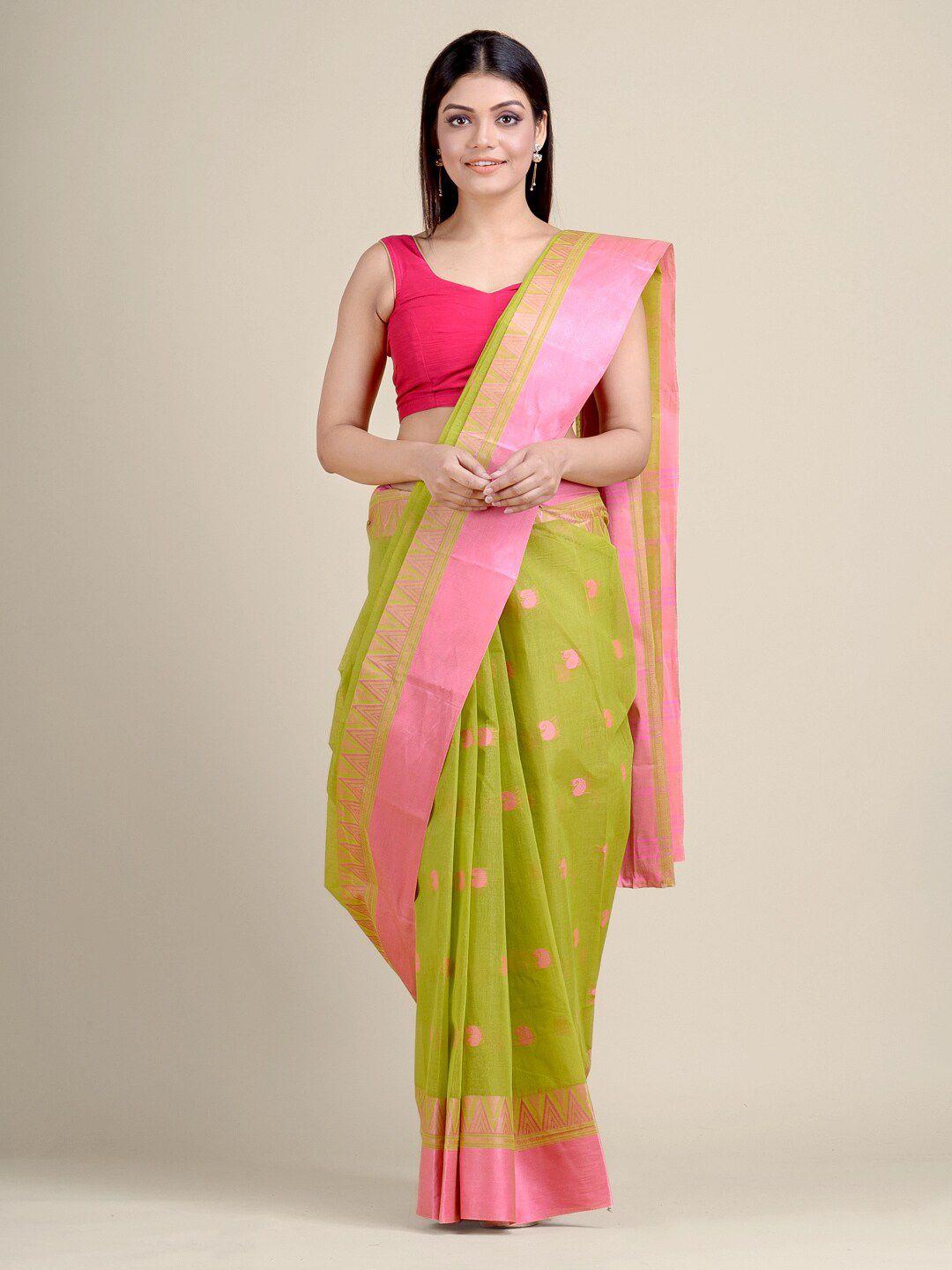 charukriti pink & green paisley pure cotton handloom taant saree