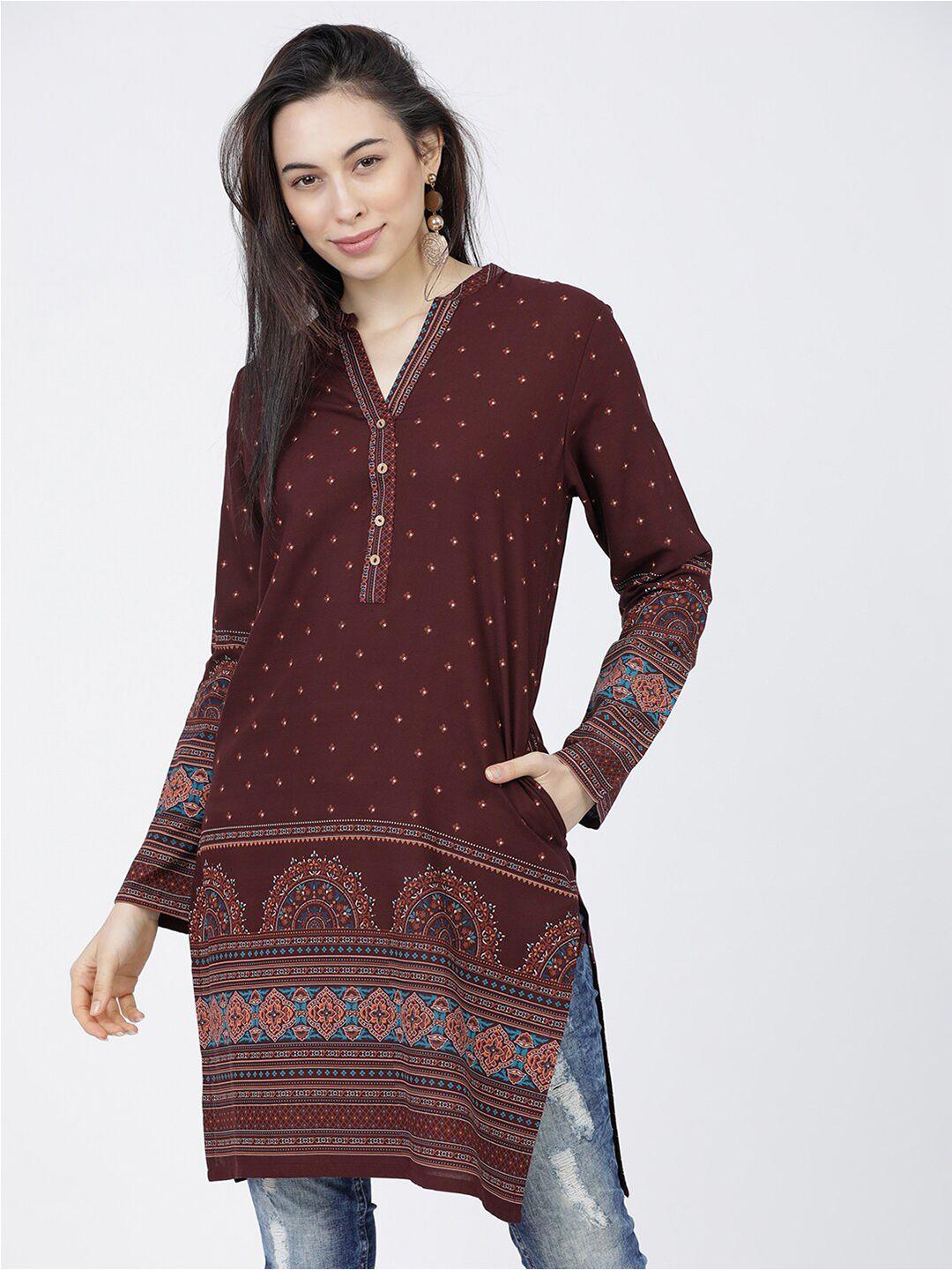 vishudh mauve viscose rayon mandarin collar printed tunic