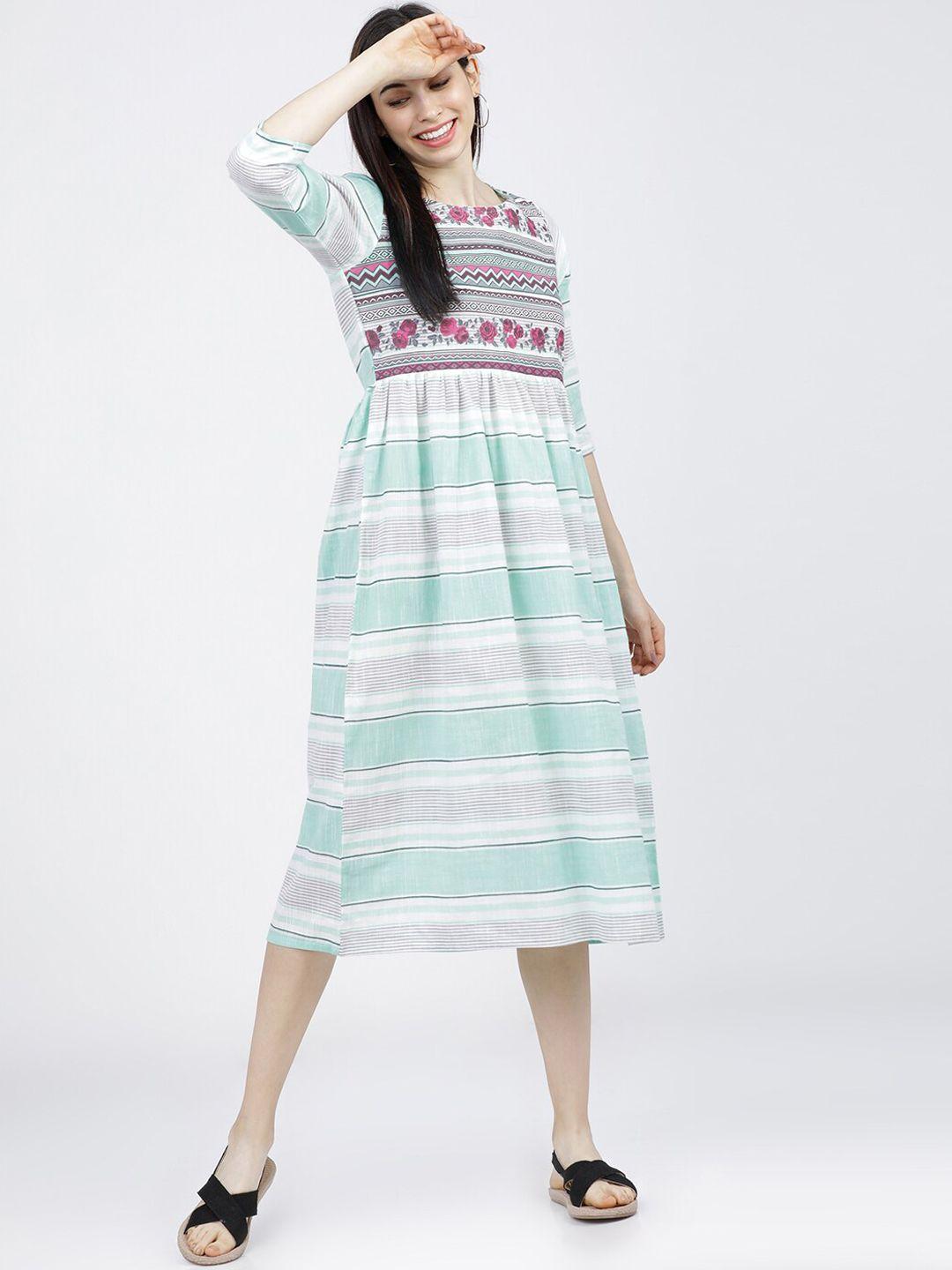 vishudh cream-coloured & blue striped a-line midi dress