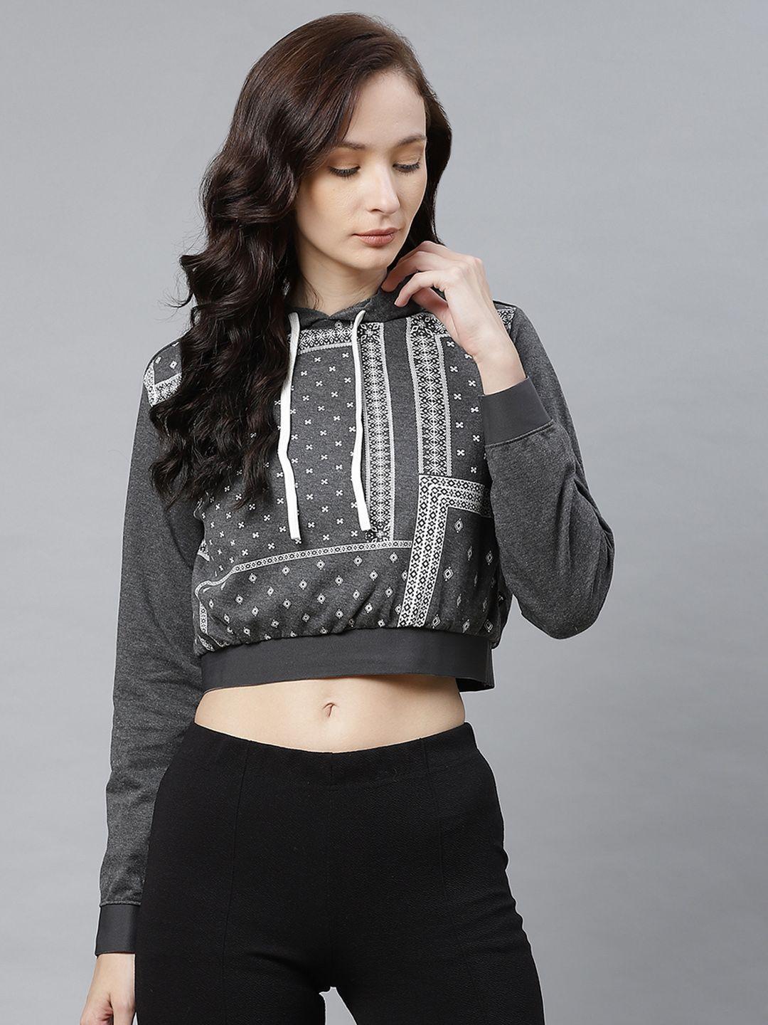 hubberholme women charcoal grey & white geometric print hooded cropped sweatshirt