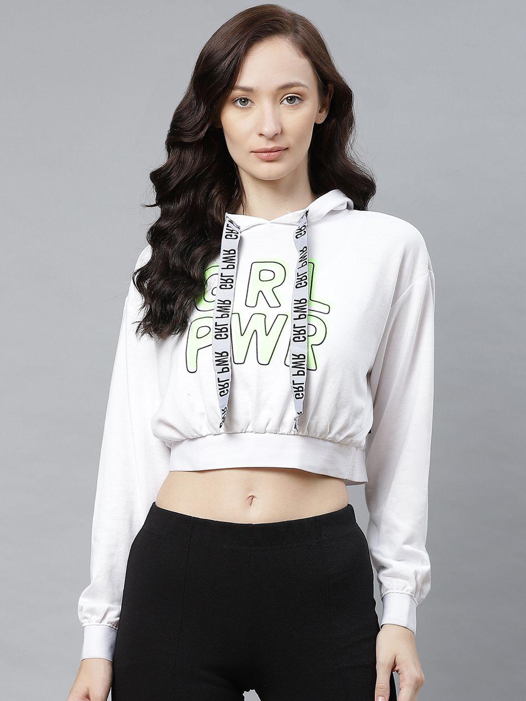 hubberholme women white & black typographic print hooded cropped sweatshirt