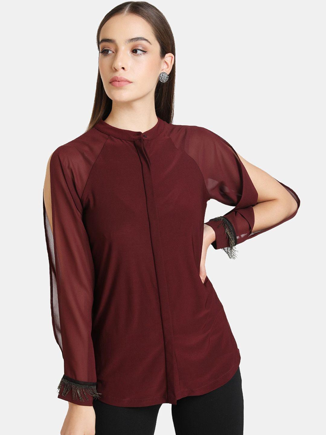 kazo women maroon embellished sheer casual shirt