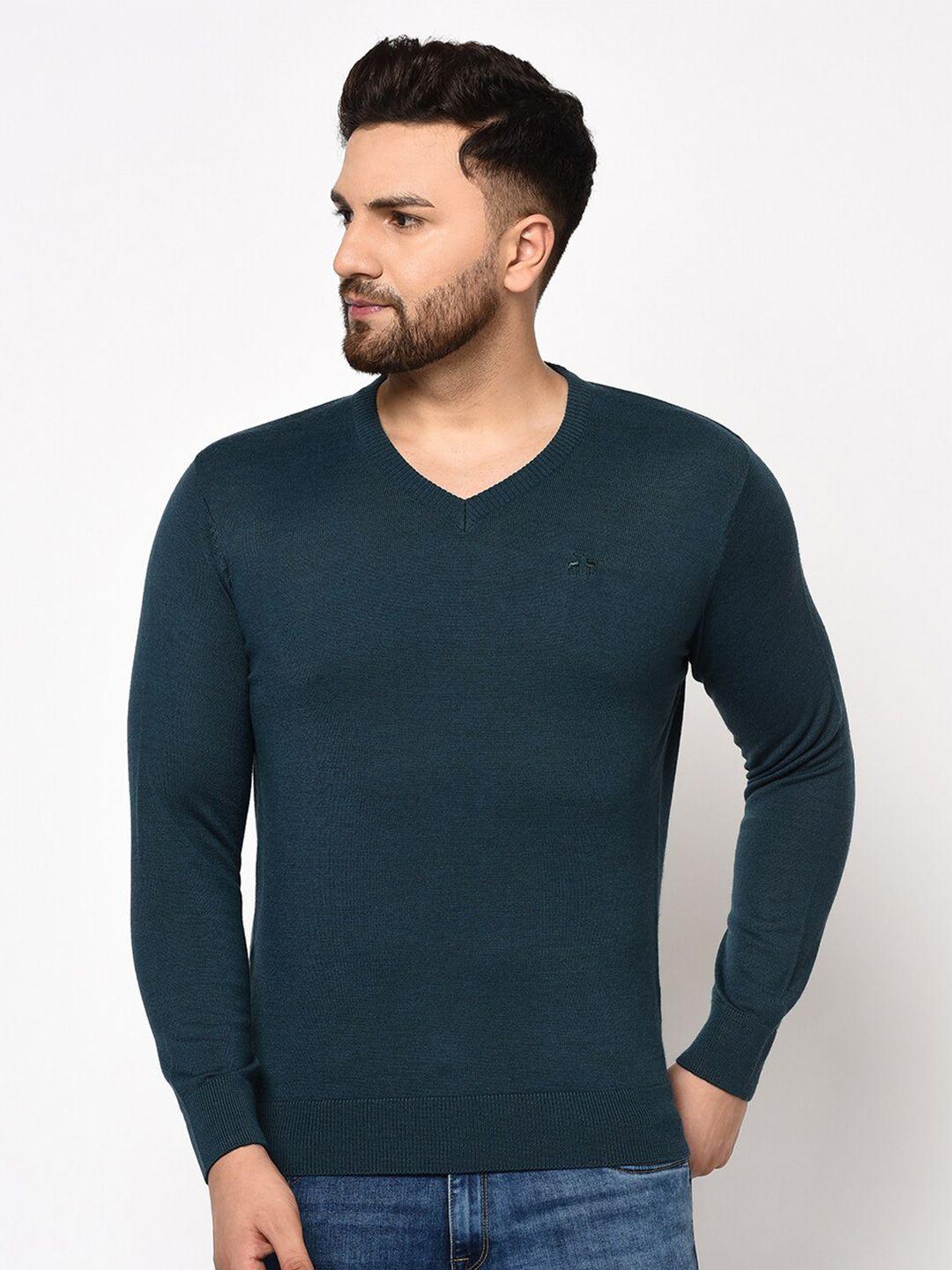 98 degree north men teal solid v neck full sleeves sweater