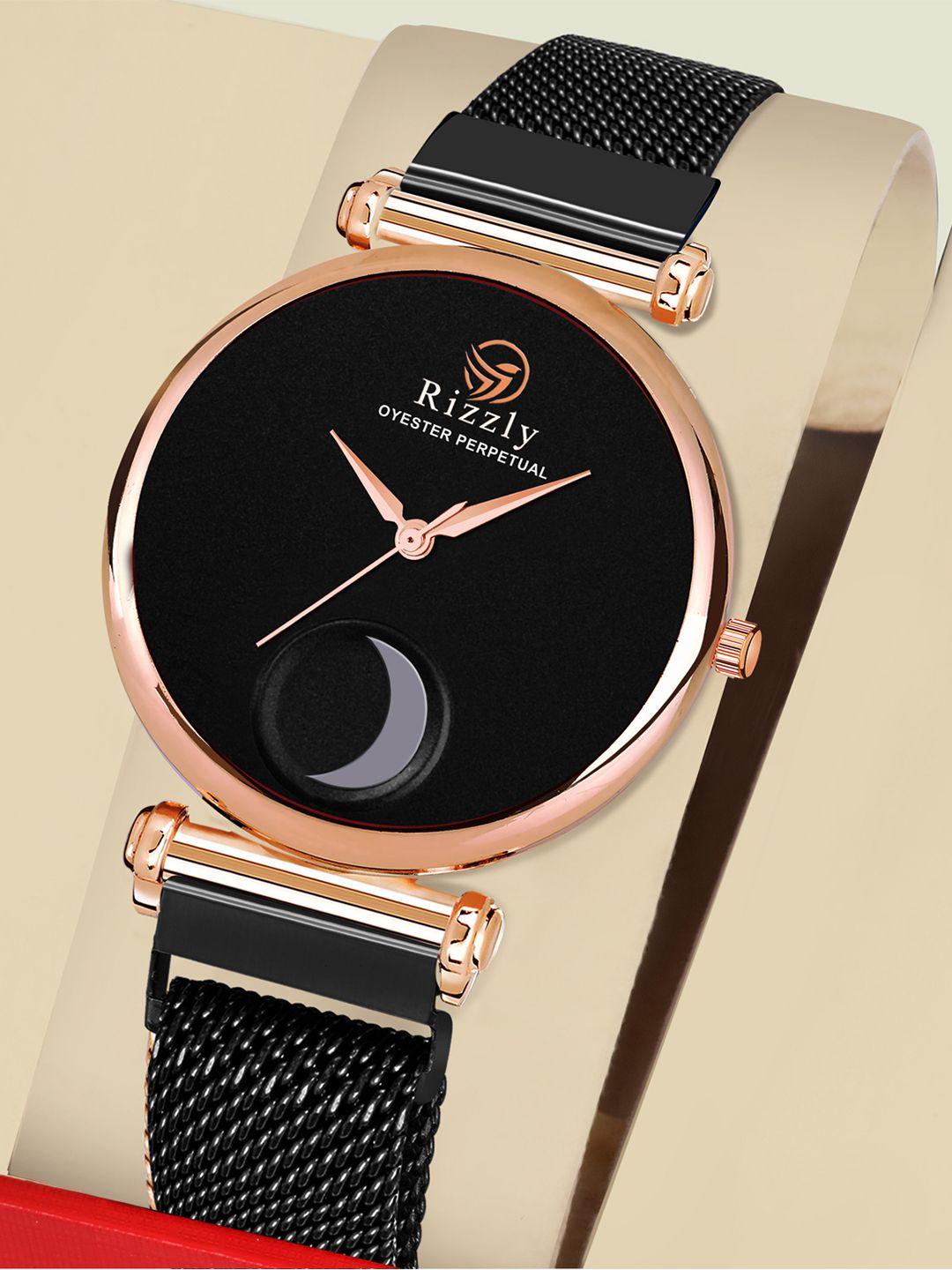 rizzly women black brass dial rose gold toned stainless steel analogue watch rz-305