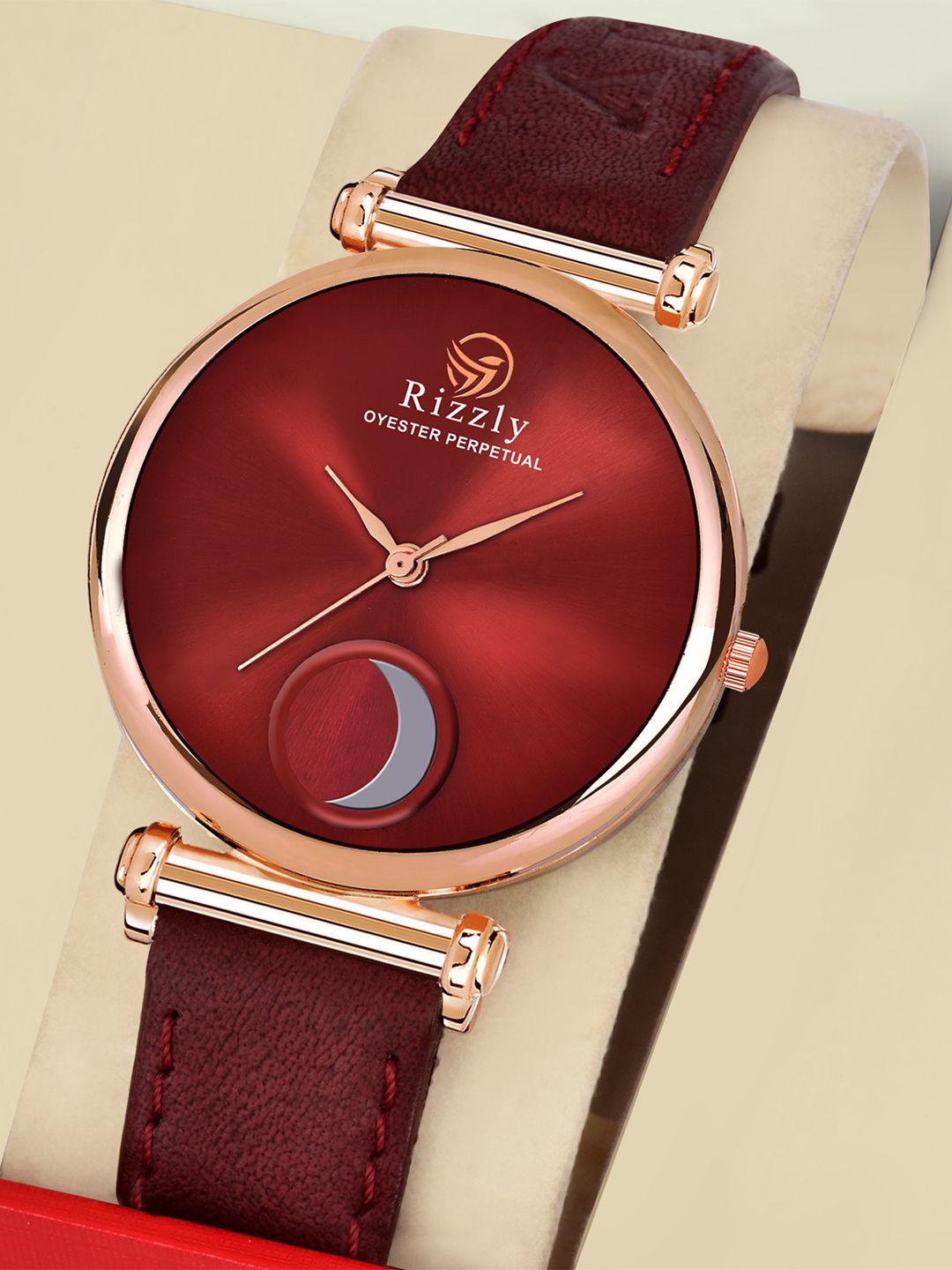 rizzly women maroon brass dial & neon red leather straps analogue watch rz-303