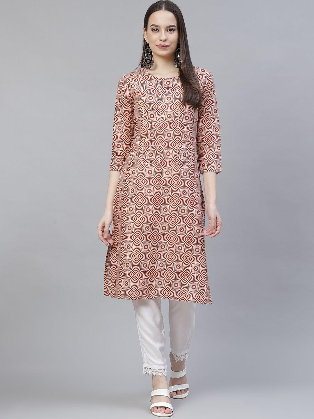 meeranshi women maroon & beige printed gotta patti block print kurta