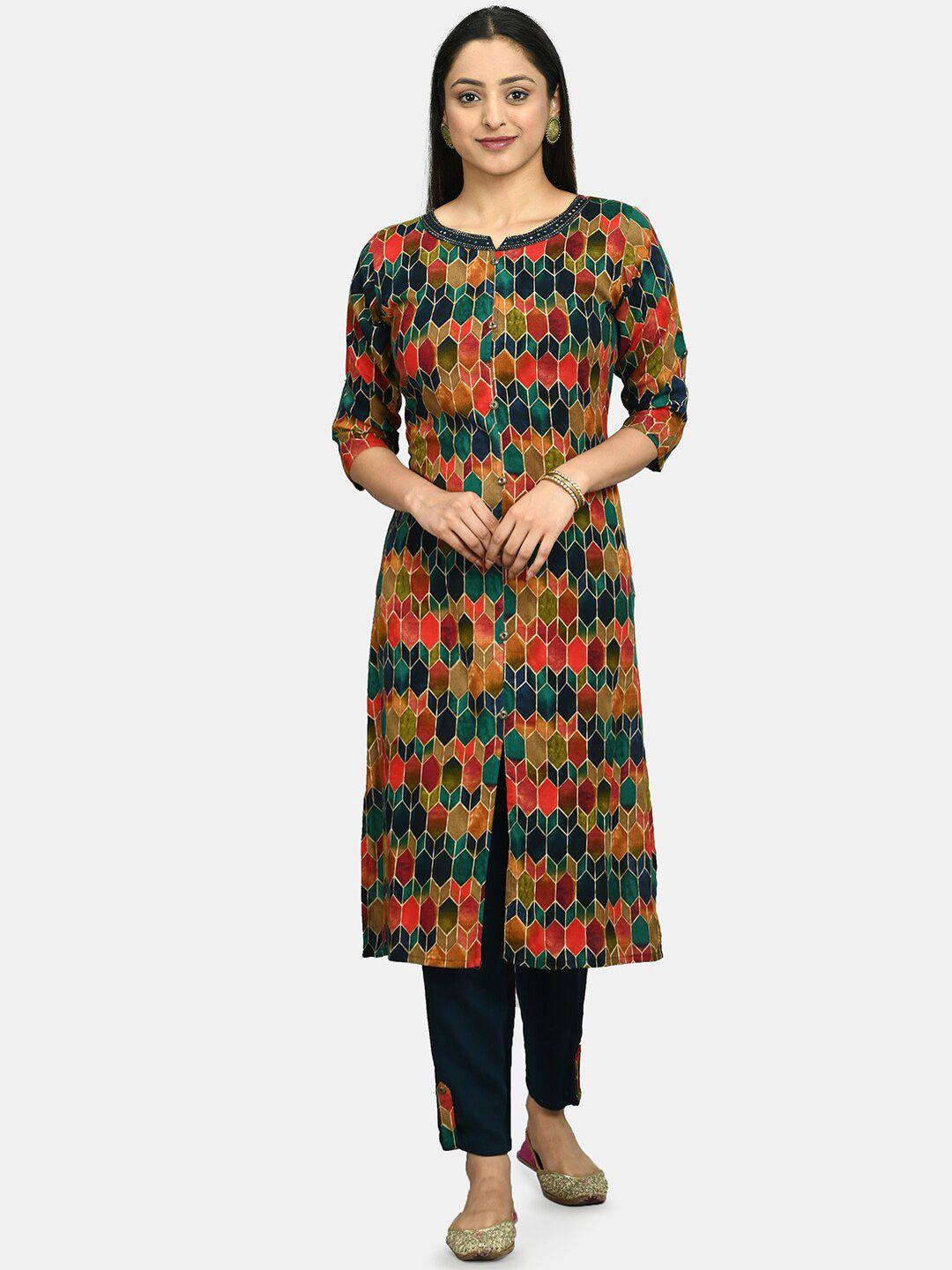 desinoor com women multicoloured printed kurta with trousers