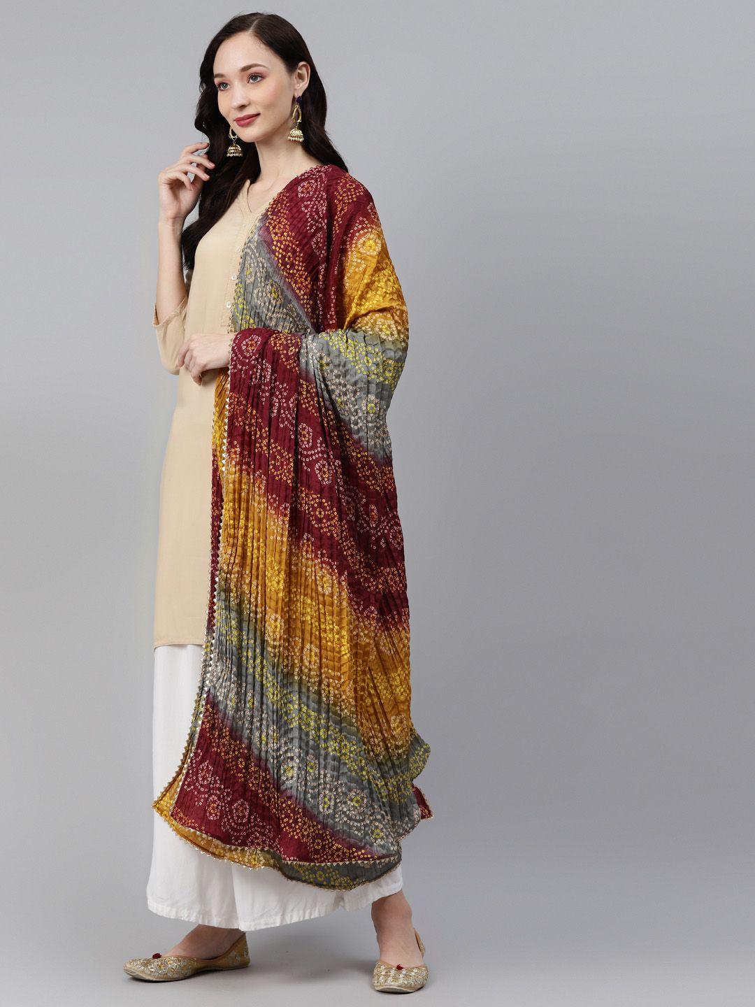 rang gali maroon & yellow printed bandhani dupatta with gotta patti