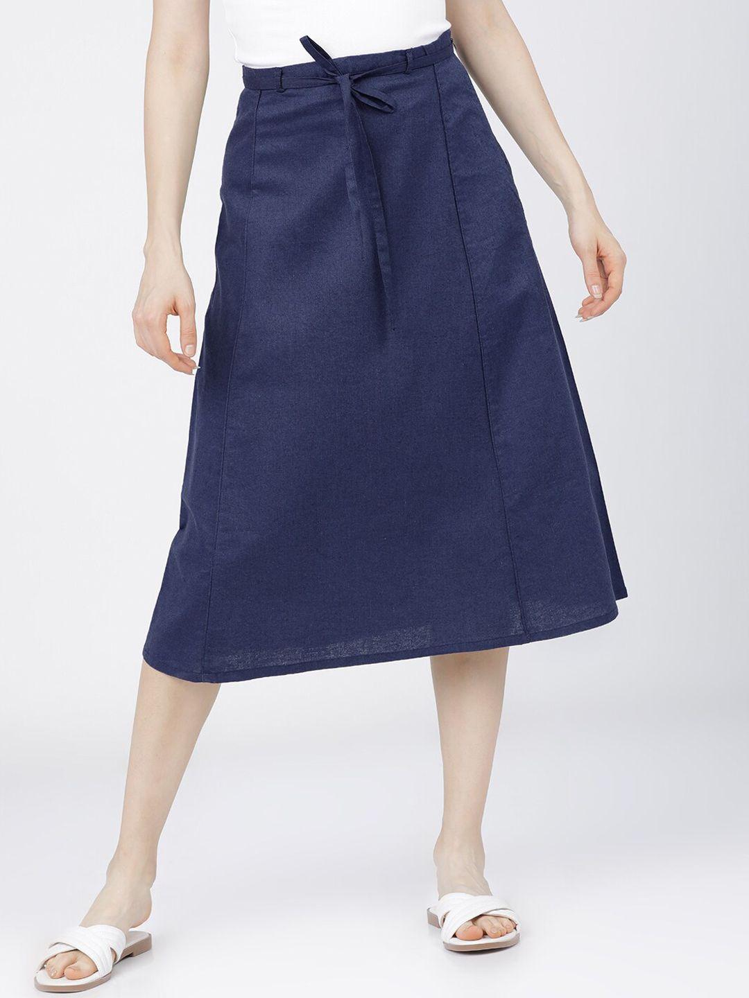 tokyo talkies women blue solid a-line midi skirt