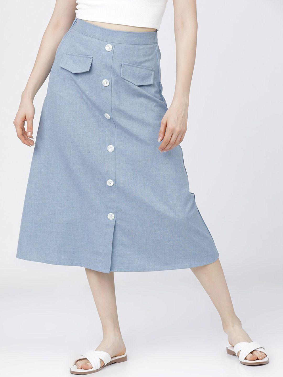 tokyo talkies women blue solid casual-fit a-line midi skirt