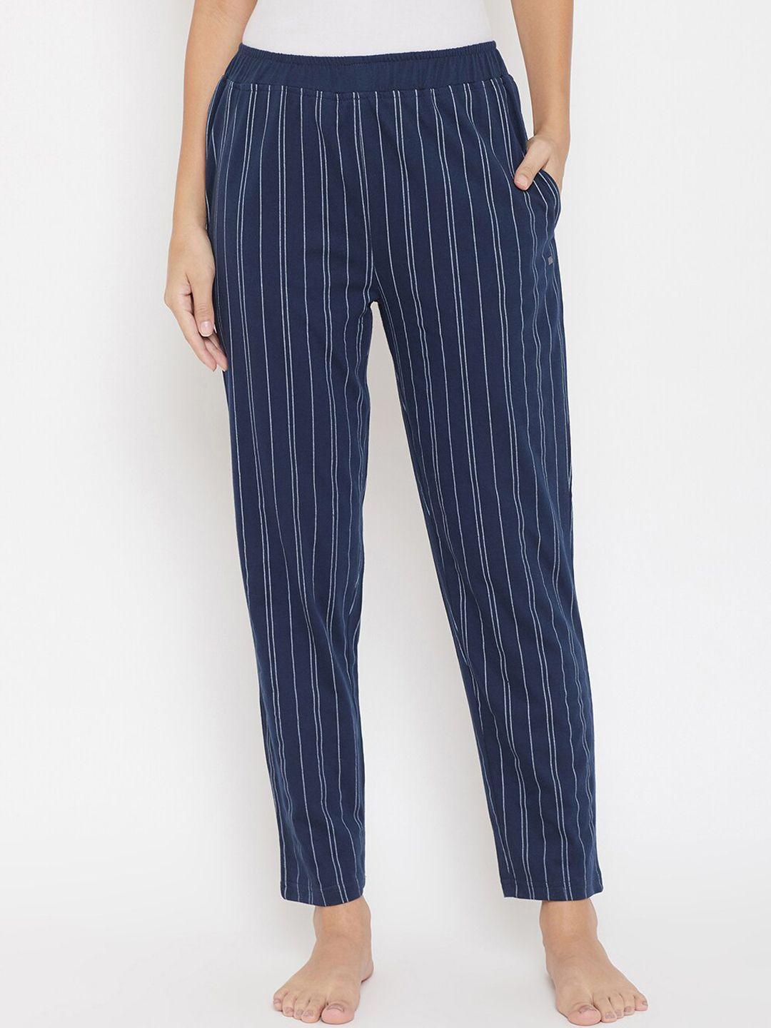 okane women navy blue & white striped lounge pants