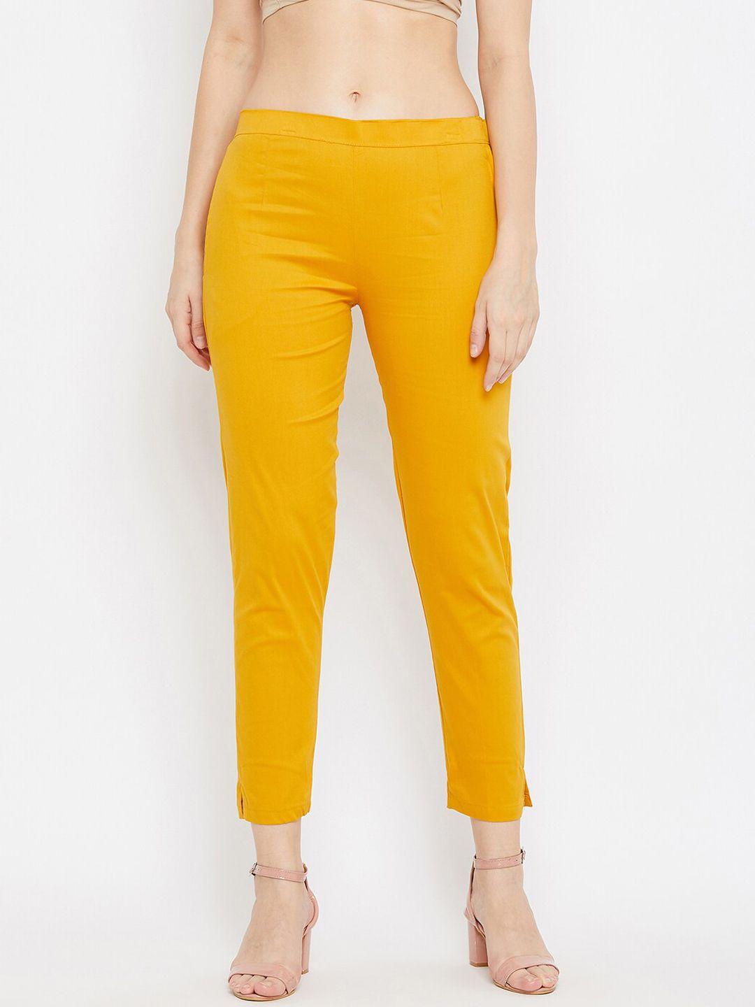 clora women mustard solid regular fit trousers