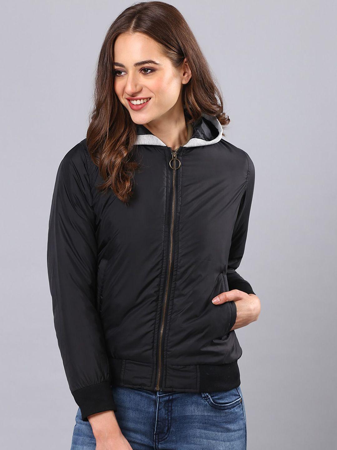 campus sutra women black solid hooded open front jacket