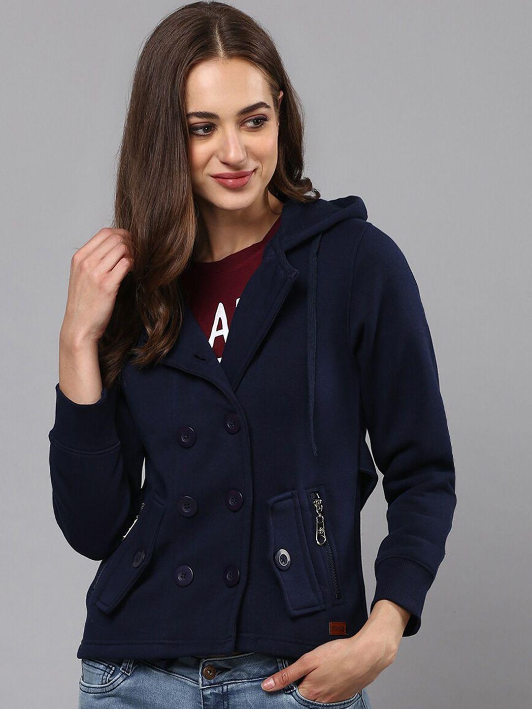 campus sutra women navy blue windcheater bomber jacket