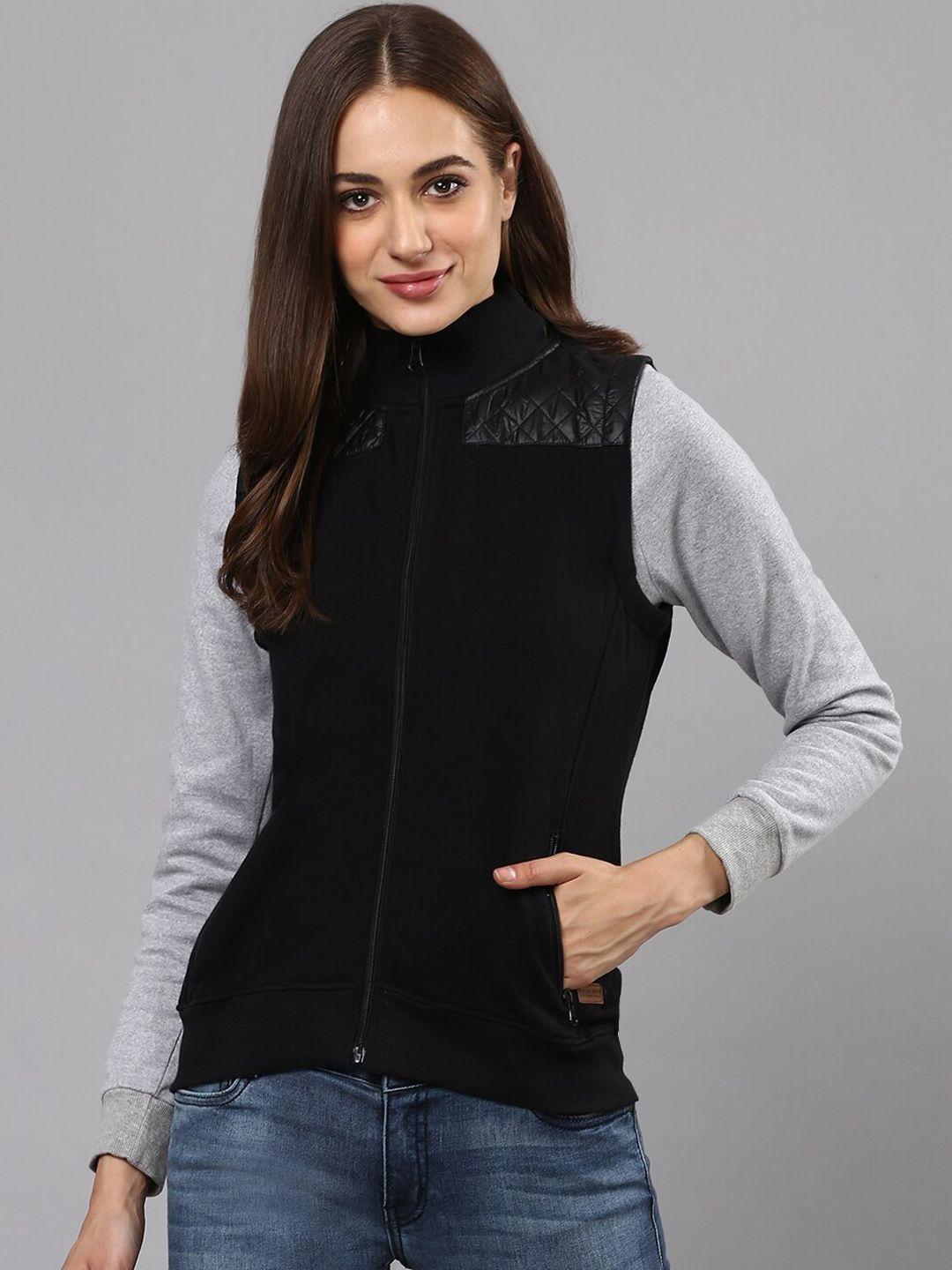 campus sutra women black striped windcheater crop padded jacket