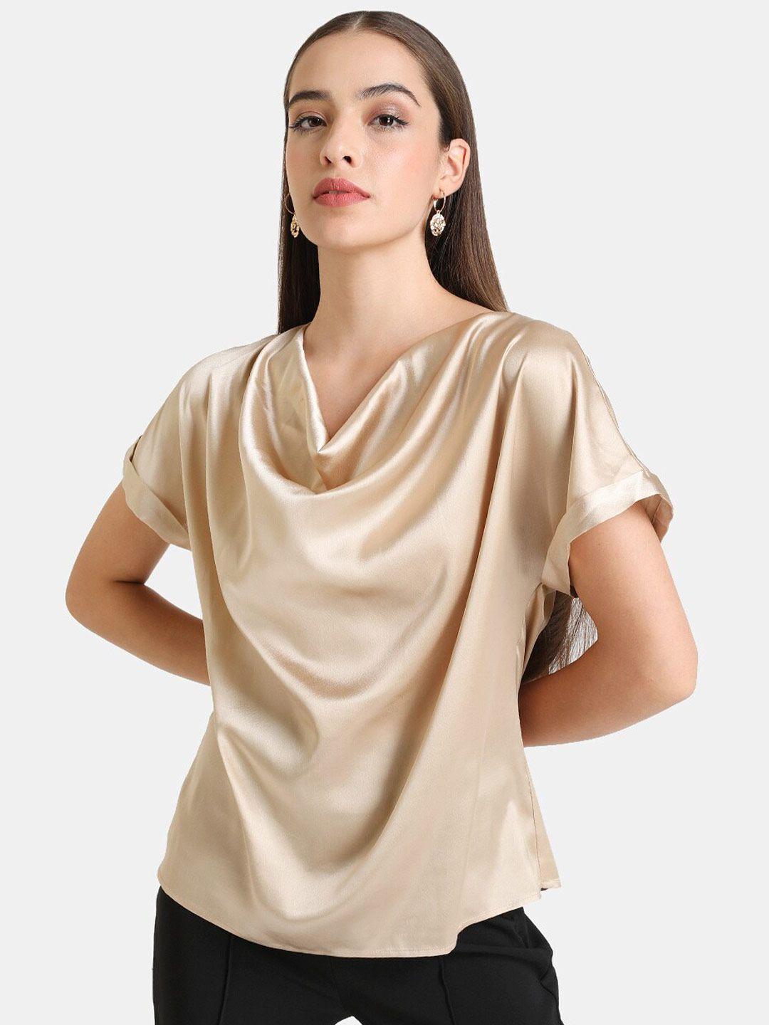 kazo women beige cowl neck extended sleeves regular top