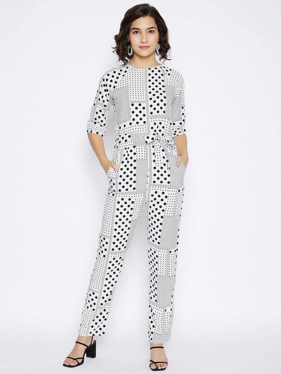 crimsoune club women white & black polka dots printed slim fit jump suit