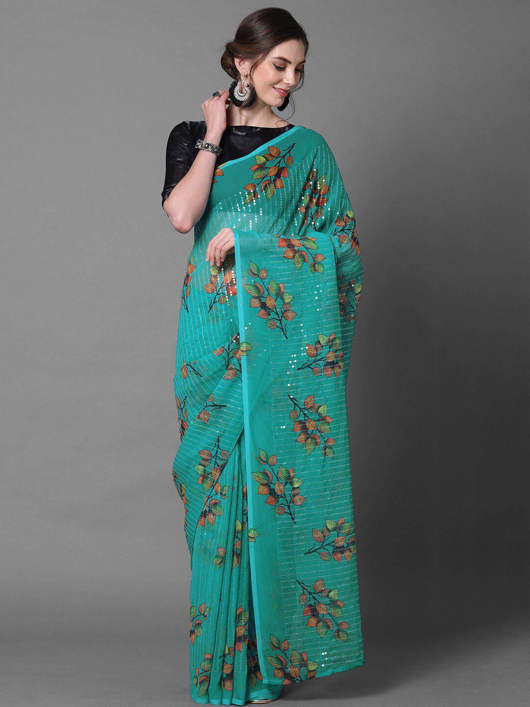 mitera teal green georgette floral printed & embellished party saree