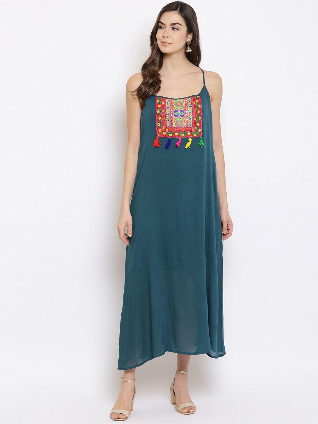 mayra women green applique rayon maxi dress