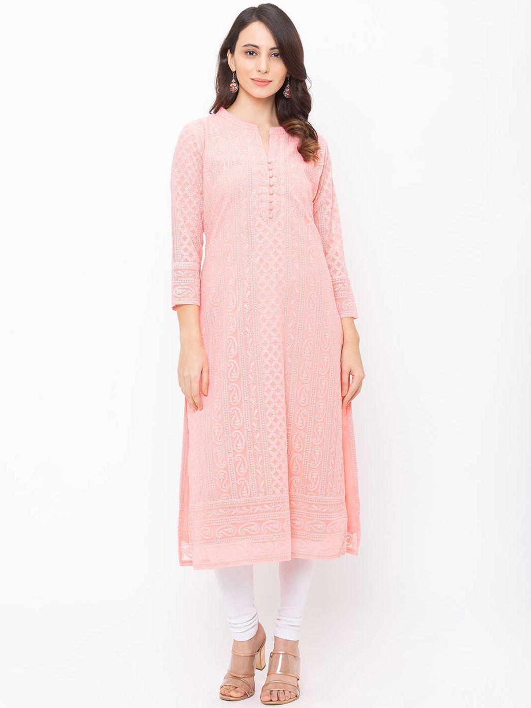 zola women peach-coloured ethnic motifs embroidered chikankari georgette kurta