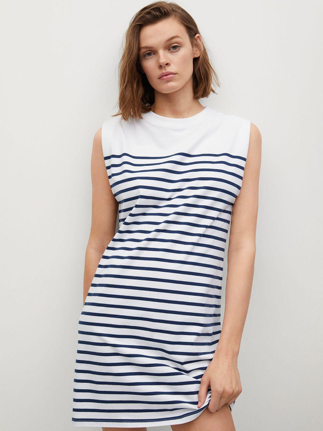 mango women white & blue striped pure cotton t-shirt dress