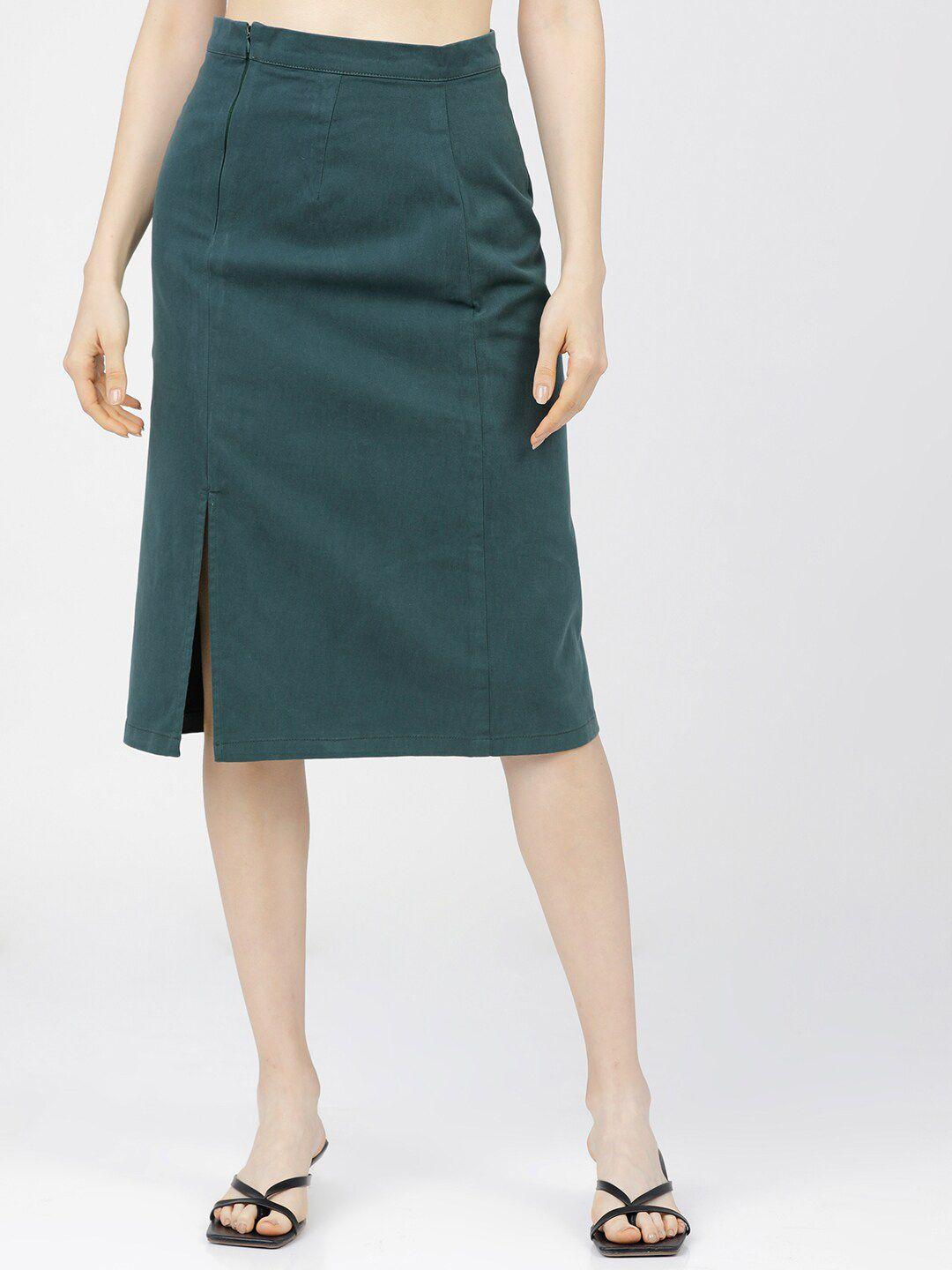 tokyo talkies women green solid straight-fit a-line midi skirt