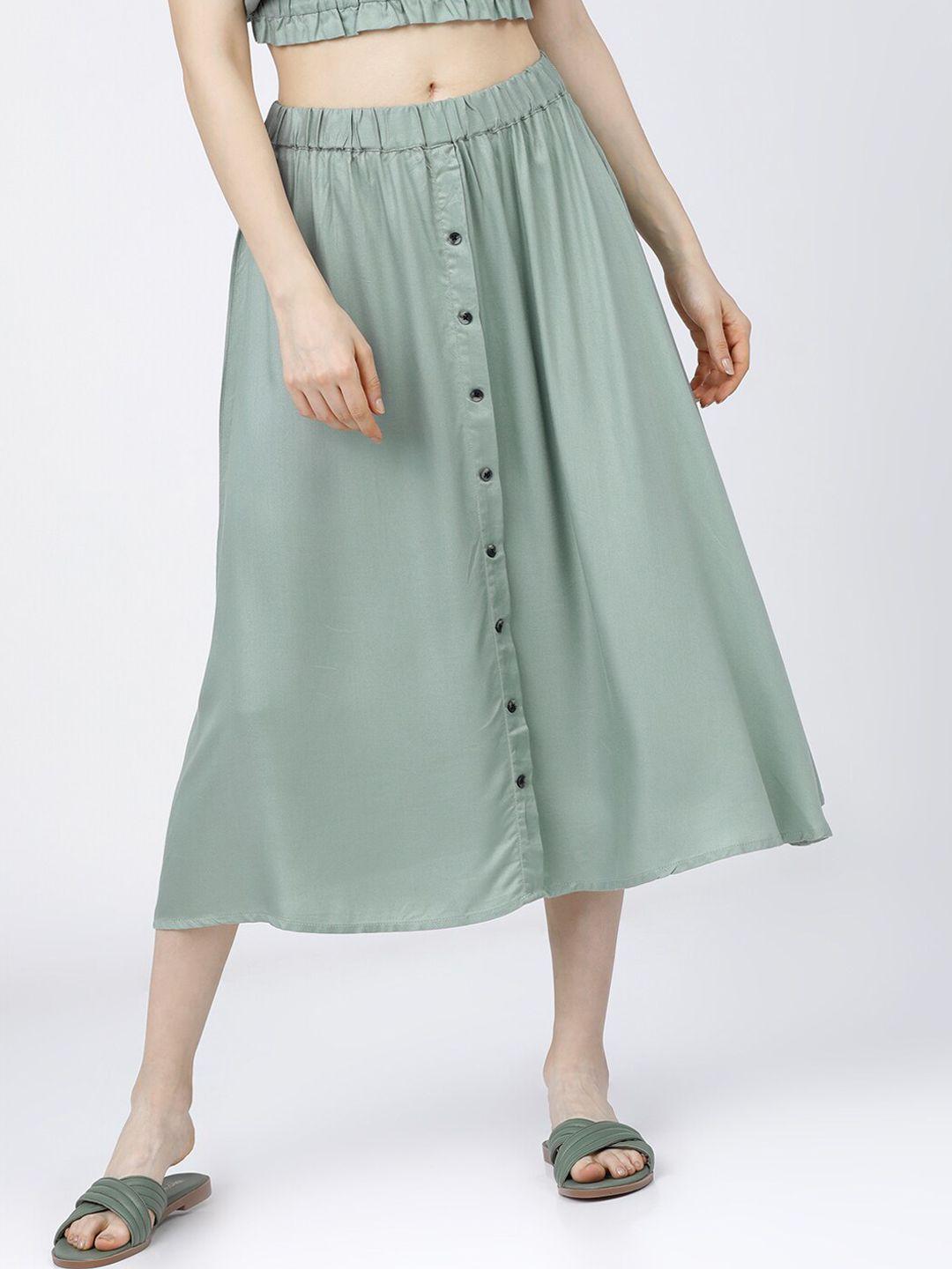 tokyo talkies women green solid casual-fit a-line skirt