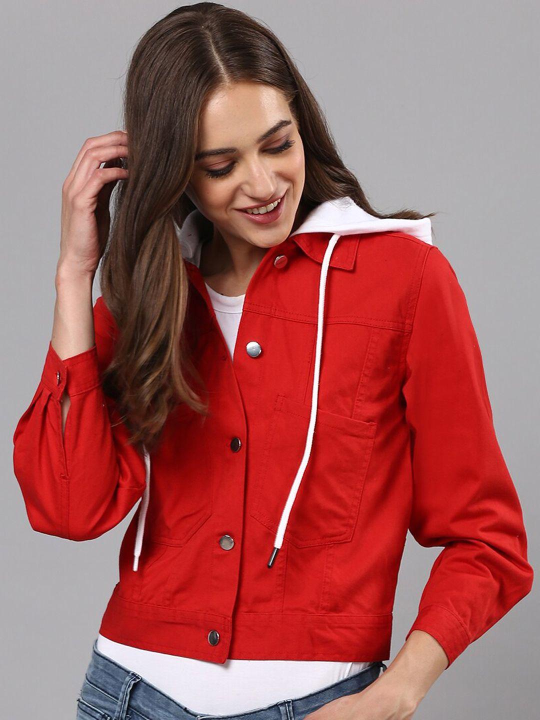 campus sutra women red white windcheater crop denim jacket