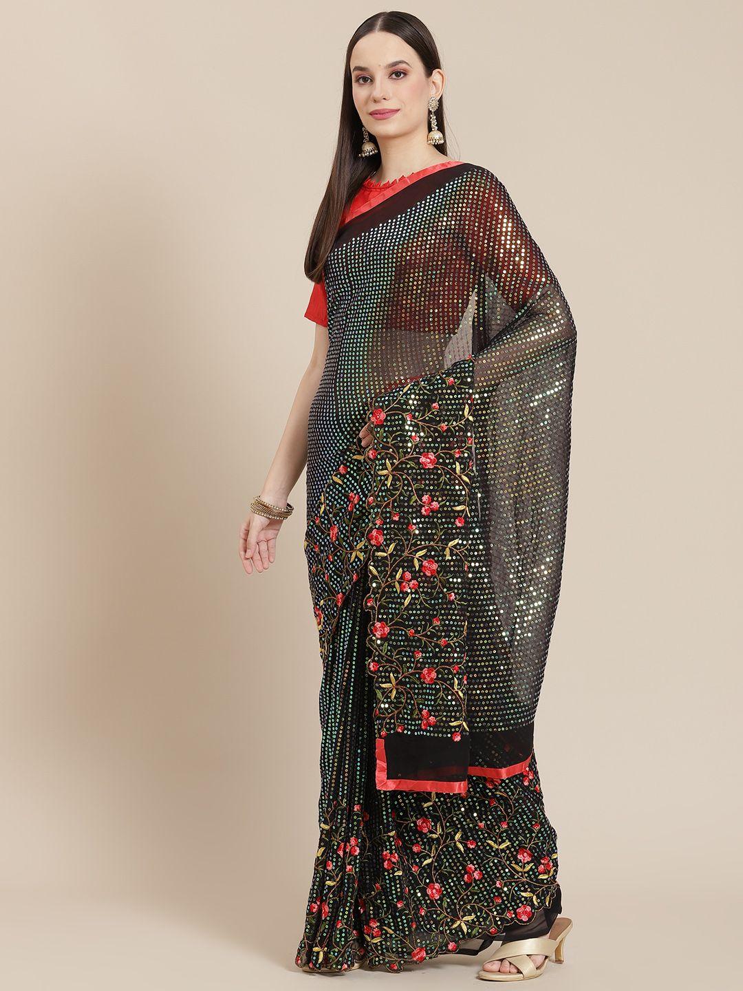 mitera black & red sequinned saree with floral embroidery