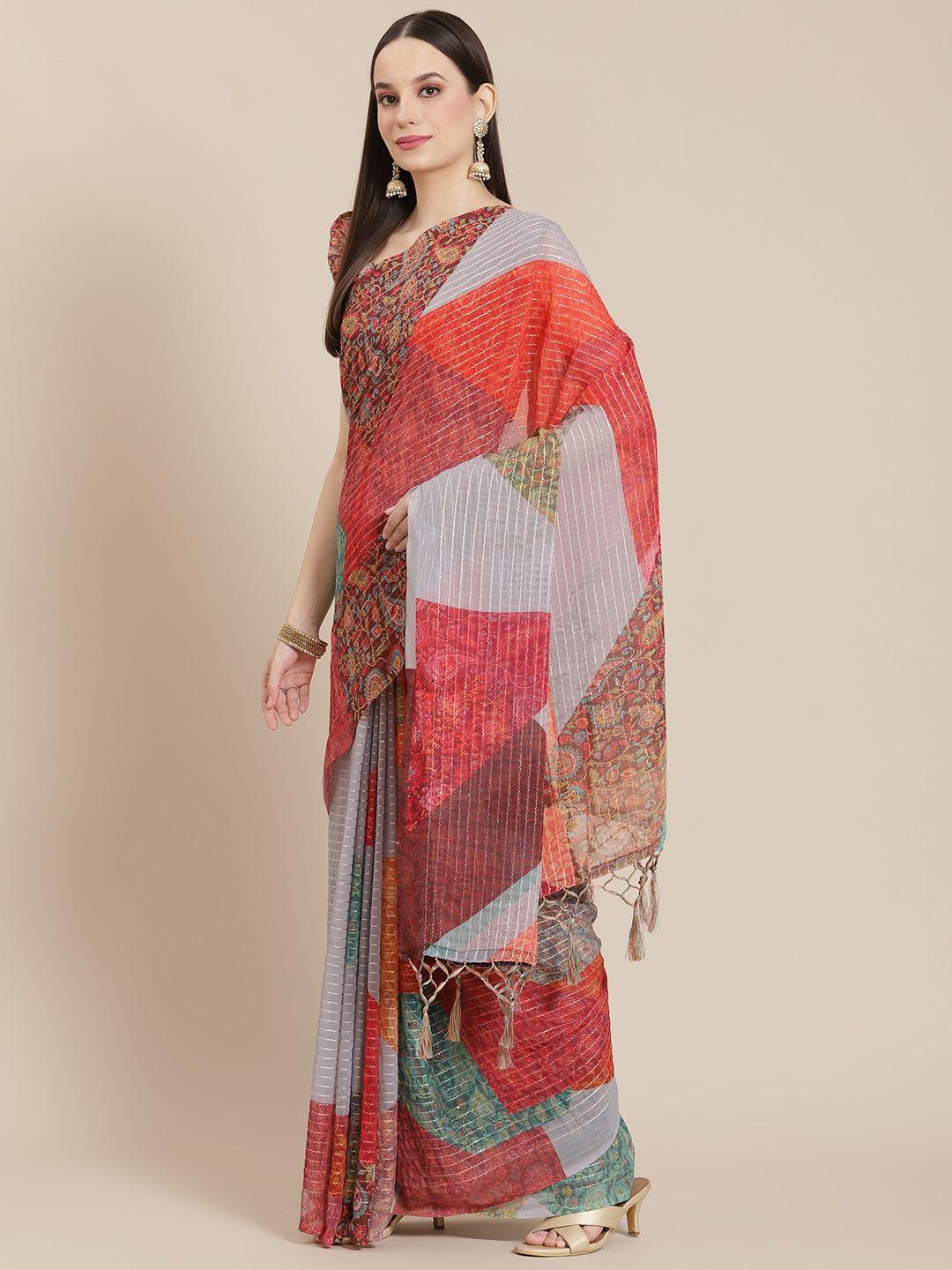 mitera grey & red ethnic print sequinned saree